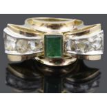A large Continental Art Deco emerald and diamond set cocktail ring