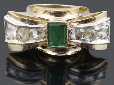 A large Continental Art Deco emerald and diamond set cocktail ring