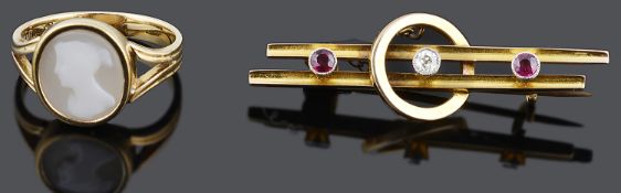 An Edwardian ruby and diamond set bar brooch