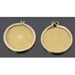 Two Napoleon III gold 10 francs 1856 & 1858 coins, mounted in 9ct gold earring mounts