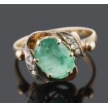 A Continental emerald and diamond set scroll dress ring