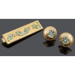 A Victorian style Etruscan turquoise set clip and turquoise set earrings