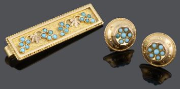 A Victorian style Etruscan turquoise set clip and turquoise set earrings