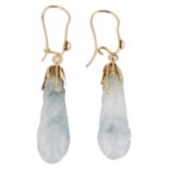 A pair of attractive carved jade pendant drop earrings