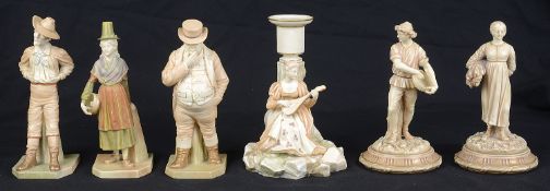 A pair of Royal Worcester blush ivory porcelain figures, c1891, modelled after Hadley; 4 others