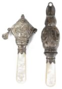 A George VI novelty silver and mother of pearl babies rattle; one other