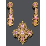 An attractive early 19th c. pink foiled topaz brooch and drop earrings