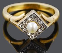 An attractive Edwardian cultured pearl and diamond set ring