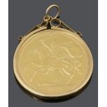 A Queen Elizabeth II Isle of Man gold £1 coin 1973, in a 9ct gold pendant mount