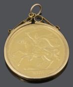 A Queen Elizabeth II Isle of Man gold £1 coin 1973, in a 9ct gold pendant mount