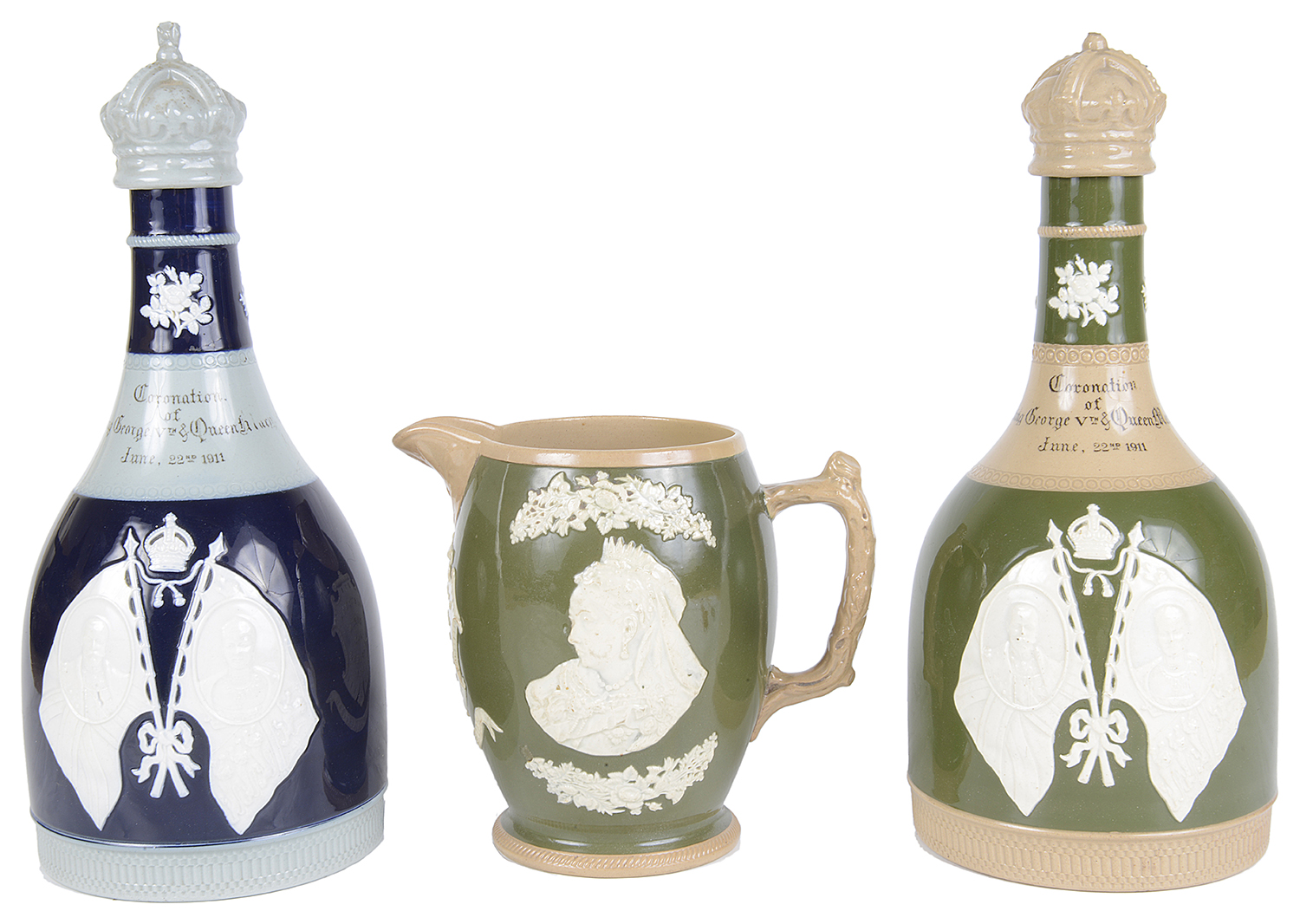 Two Copeland Spode whisky decanters commemorating the coronation of King George V and Queen Mary