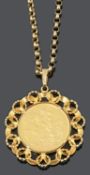 A Queen Victoria gold full sovereign 1895 with 9ct gold mount and 9ct gold belcher link chain