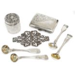 A collection of George IV and later silver, condiment spoons, nurses buckle, cigarette case