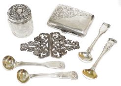 A collection of George IV and later silver, condiment spoons, nurses buckle, cigarette case