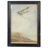 An interesting set of five early aviation watercolours of Bristol biplanes, three signed W J Miles