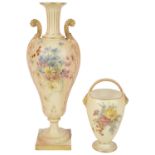 A Royal Worcester gilt blush ivory vase; an ovoid form flower basket, green printed marks 1050