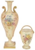 A Royal Worcester gilt blush ivory vase; an ovoid form flower basket, green printed marks 1050