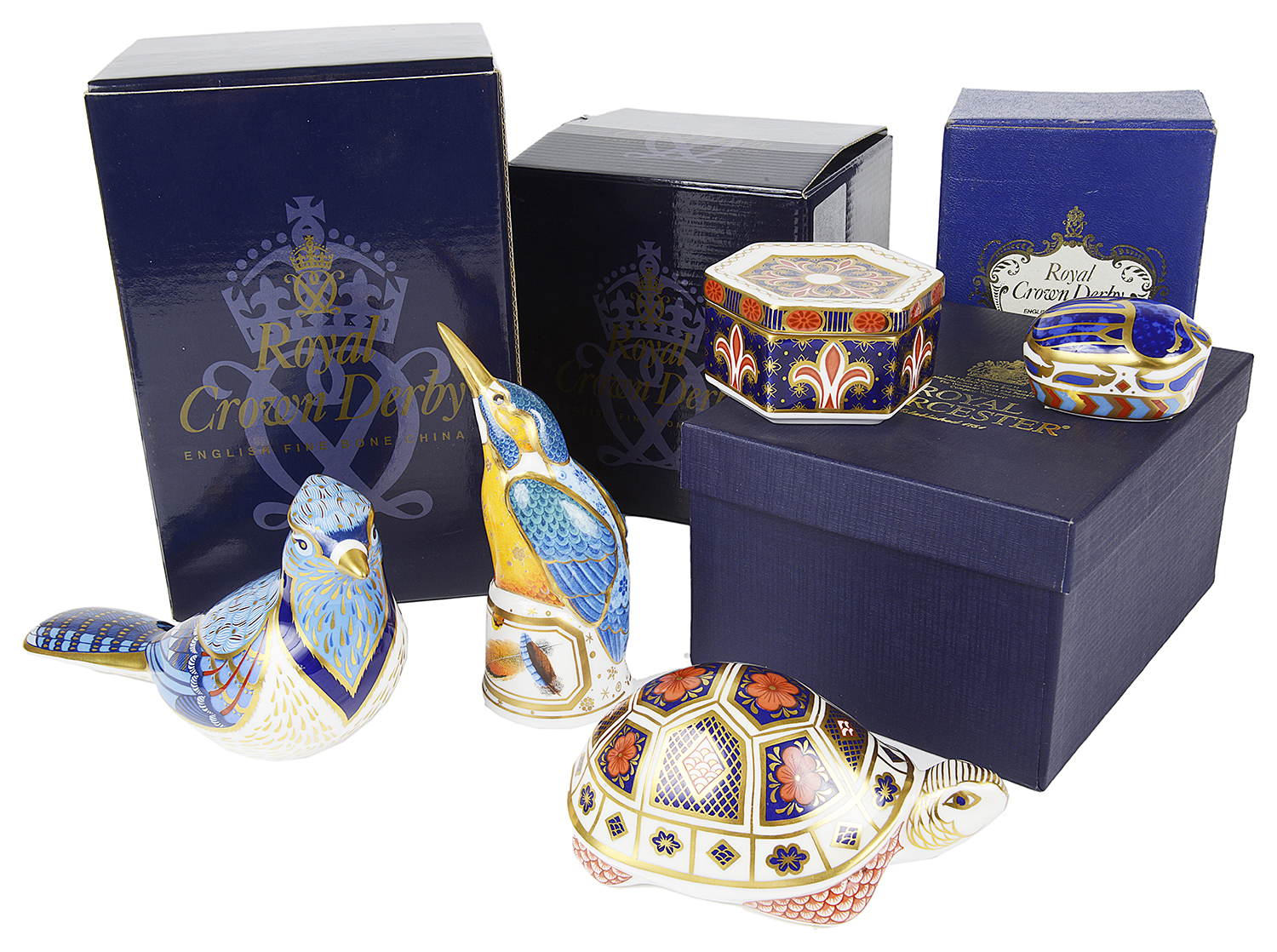 A Royal Worcester kingfisher snuffer, Royal Crown Derby Imari bug; trinket box; paperweights