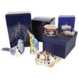 A Royal Worcester kingfisher snuffer, Royal Crown Derby Imari bug; trinket box; paperweights