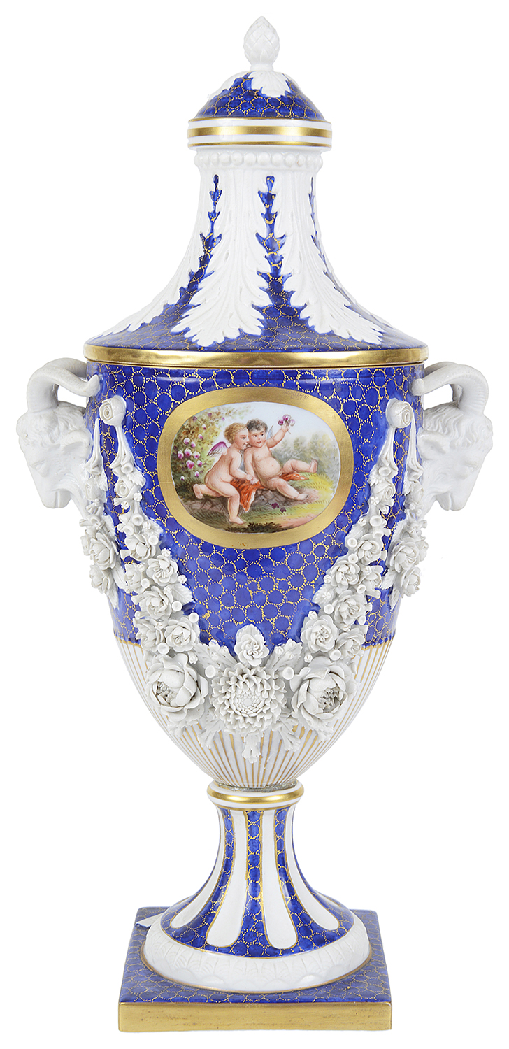 A rare Fr. Niderviller porcelain pedestal urn with cover, mid 19th c.