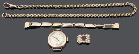 A 9ct gold ladies wristwatch, a 9ct gold garnet, with seed pearl and diamond necklace clasp