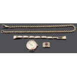 A 9ct gold ladies wristwatch, a 9ct gold garnet, with seed pearl and diamond necklace clasp