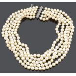 An attractive Edwardian stye, Continental five row cultured pearl choker necklace