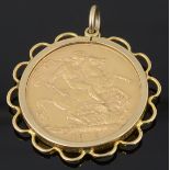 A George V gold full sovereign 1912, with pendant mount