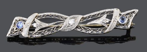 A delicate Art Deco sapphire and diamond bow brooch