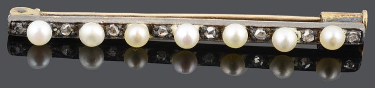 A delicate Continental early 20th c. pearl and rose diamond bar brooch