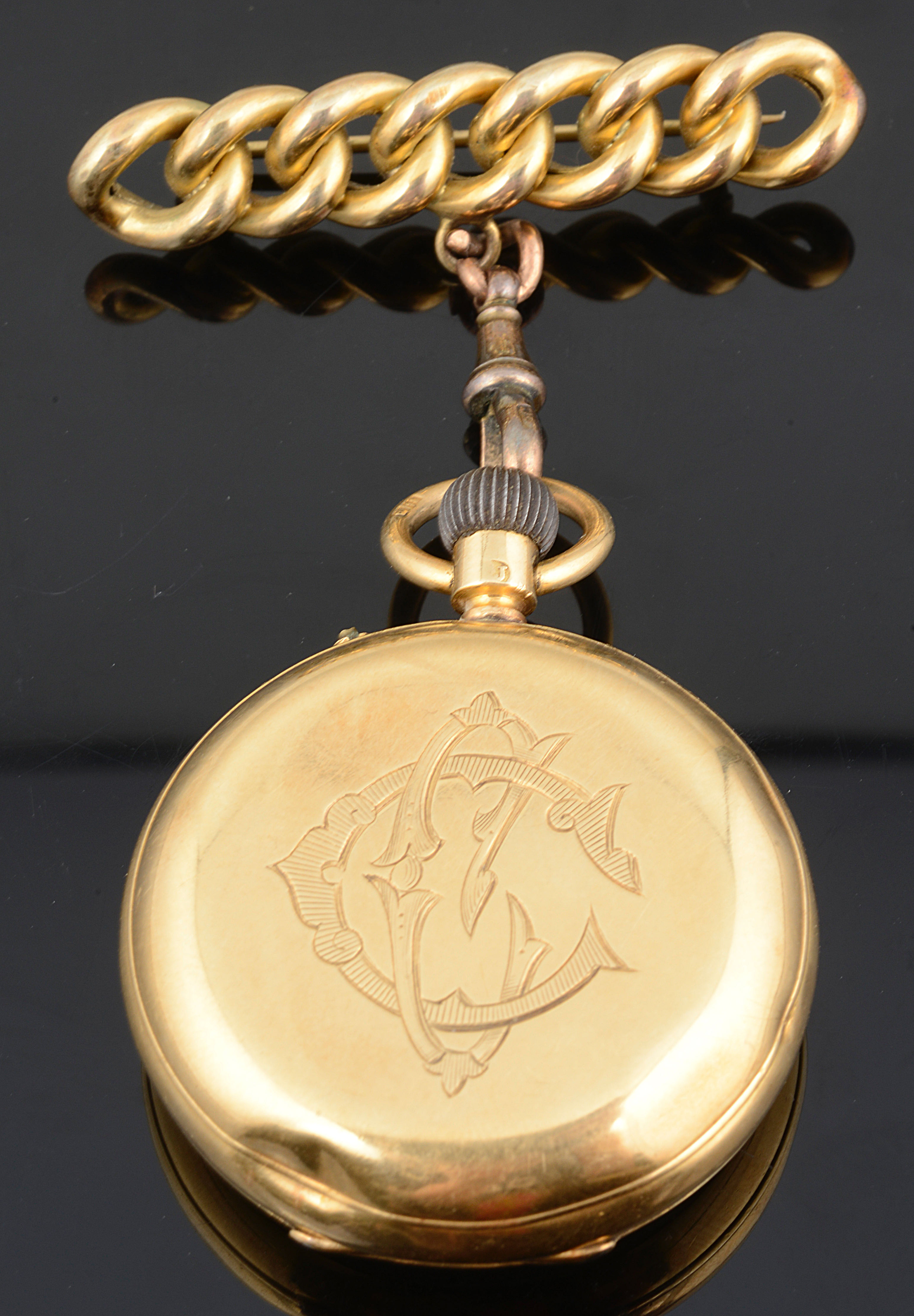 A 18ct gold J W Benson open faced ladies pocket watch with a gold curb link bar brooch - Image 2 of 2