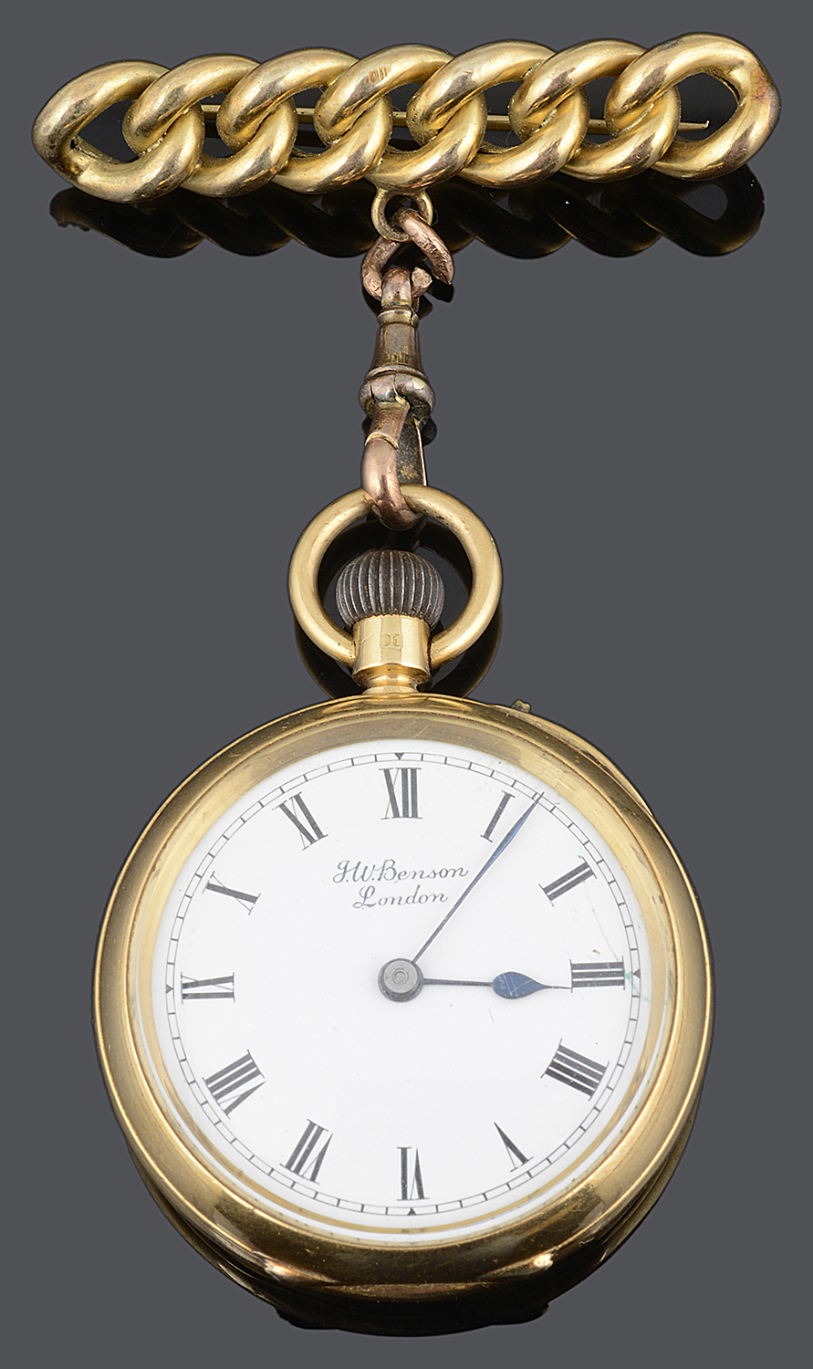 A 18ct gold J W Benson open faced ladies pocket watch with a gold curb link bar brooch