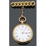 A 18ct gold J W Benson open faced ladies pocket watch with a gold curb link bar brooch