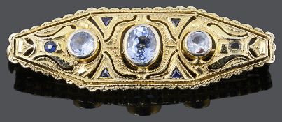 An Edwardian style sapphire set panel brooch