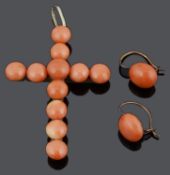 A 19th c. coral set pendant cross and earrings