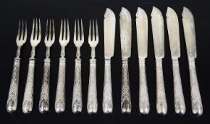 A suite of six Victorian silver fish knives and forks, London 1891 by Francis Higgins III