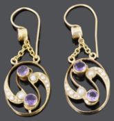 A pair of attractive Art Nouveau amethyst and seed pearl set drop earrings