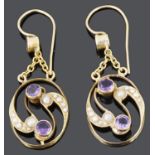 A pair of attractive Art Nouveau amethyst and seed pearl set drop earrings