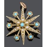 A Victorian 9ct seed pearl and turquoise starburst brooch pendant
