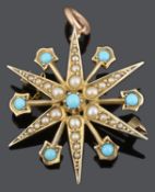 A Victorian 9ct seed pearl and turquoise starburst brooch pendant