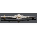 A delicate Edwardian cultured pearl and diamond set bar brooch