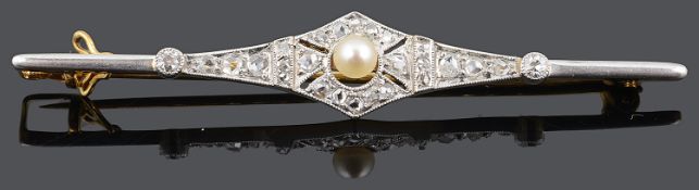 A delicate Edwardian cultured pearl and diamond set bar brooch
