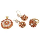 A Continental branch coral and river pearl suite of jewellery
