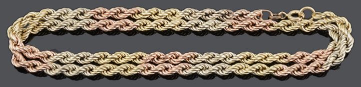 A contemporary three colour 9ct gold rope twist neck chain