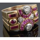 An impressive Continental Art Deco ruby and diamond set cocktail ring of geometric design