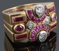 An impressive Continental Art Deco ruby and diamond set cocktail ring of geometric design