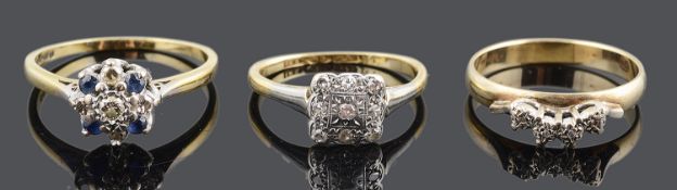 A small Art Deco diamond set ring together with two other rings