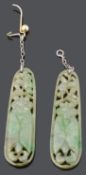 A pair of attractive Art Deco carved jade drop earrings
