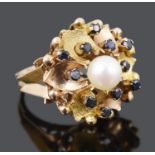 A Continental sapphire and cultured pearl floral cluster dress ring