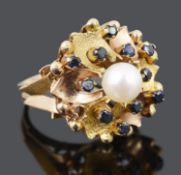 A Continental sapphire and cultured pearl floral cluster dress ring